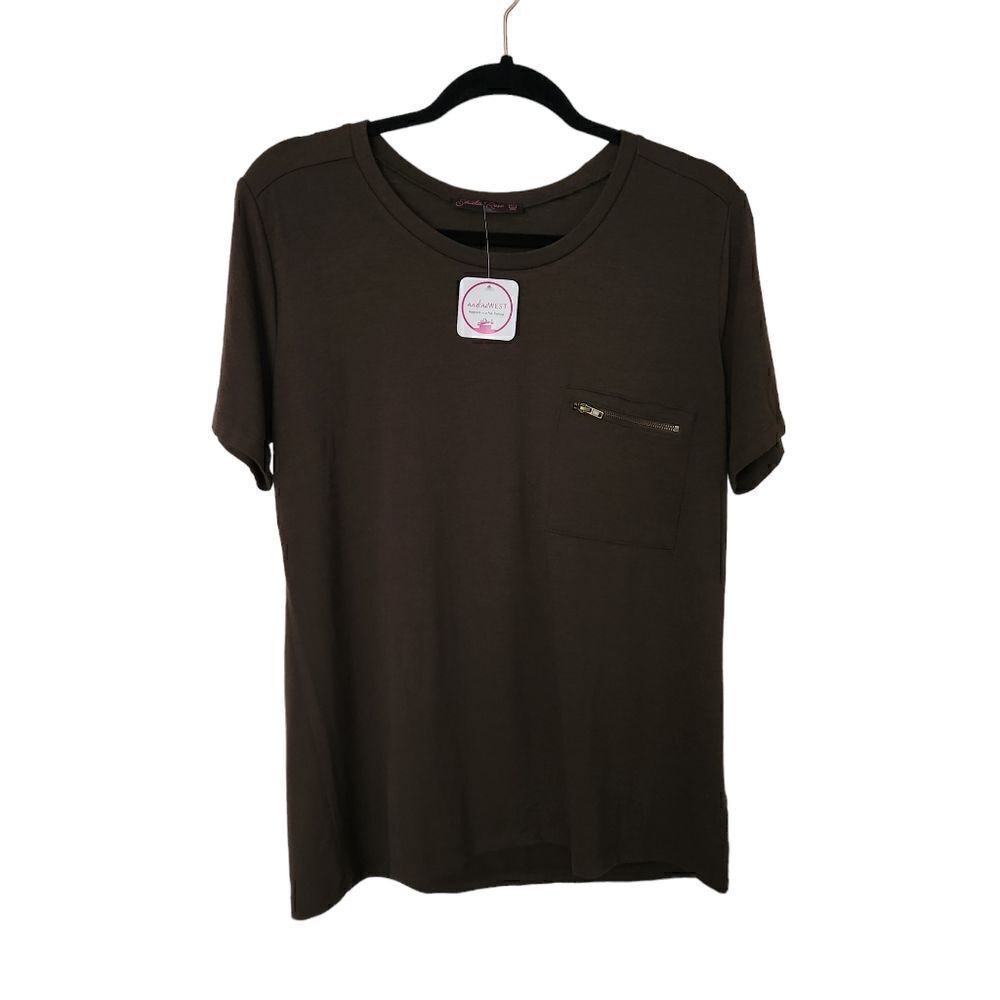 Shiela Rose Womens Casual Tee Zipper Chest Pocket Olive Green Size XL